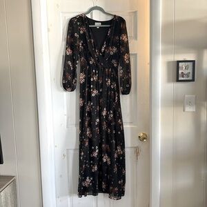 Premier Amour black floral long sleeve faux wrap dress subtle metallic threads